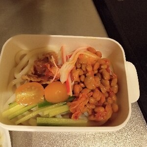 納豆の食べ方-キムチマヨ香味めかぶ納豆うどん♪